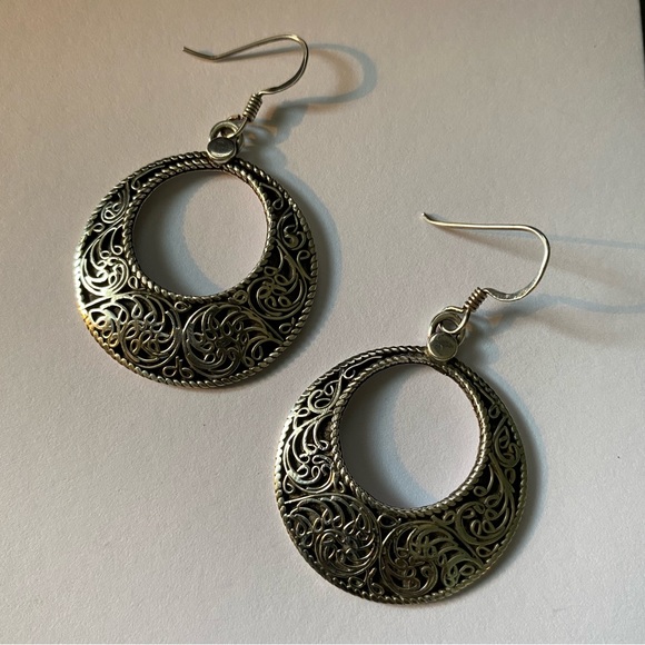 Vintage Sterling Silver 925 Filigree Hoop Dangle Earrings - Picture 8 of 8